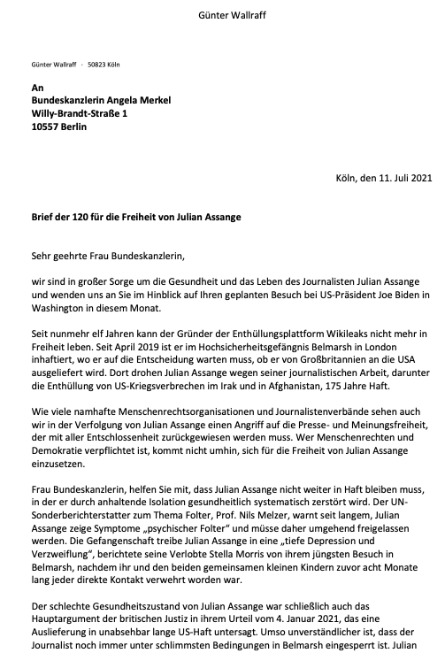 SPERRFRIST1207202113UhrONLINEAnschreibenBundeskanzlerinAngelaMerkelBriefder120furdieFreiheitvonJulianAssange